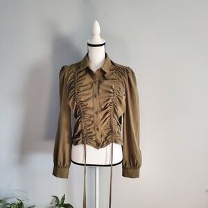 Olive Ruched Button-Up Blouse